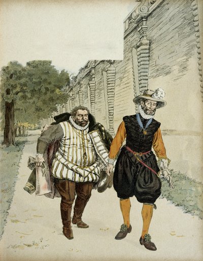 Henry IV (1553-1610) og Charles de Lorraine, hertug av Mayenne (1554-1611). Første forsonende intervju mellom de to fiendene, Mayenne, lederen for legueurs og kongen, i hagen til Chateau de Montceaux, i Brie, i 1596. Illustrasjon av Hermann Vogel