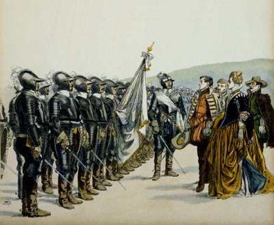Joan of Albret eller Joan III of Albret (1528–1572) og hennes sønn Henry IV (1553–1610) før hennes protestantiske tropper. Illustrasjon av Hermann Vogel (1856-1918) i "" Henri IV"" av Hermann Vogel