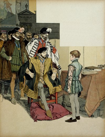 Kongen av Frankrike Henri II (1519-1559) omgitt av sine herrer liker å stille spørsmål ved Henrik IV (1553-1610) som barn for hans replikker. Illustrasjon av Hermann Vogel (1856-1918) i "" Henri IV"" av Hermann Vogel