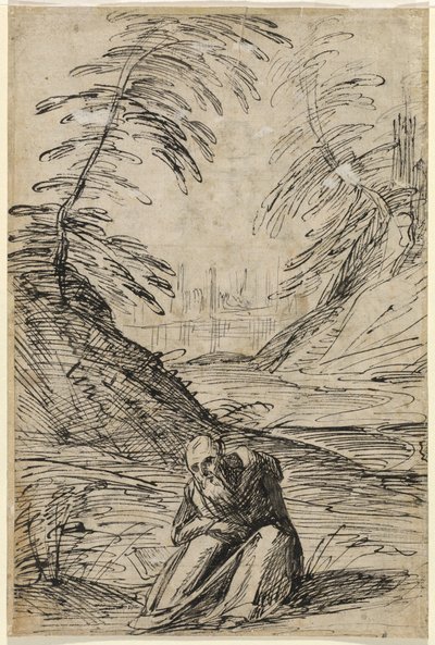 Ørkenlandskap med en eremitt (verso) av Hermann Weyer