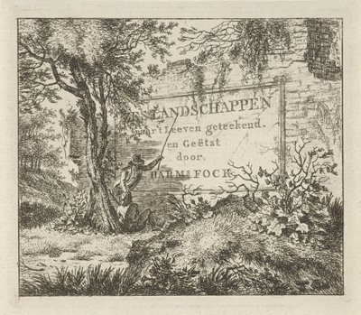 To menn ved en vegg Seks landskap (serietittel på objekt) av Hermanus Fock