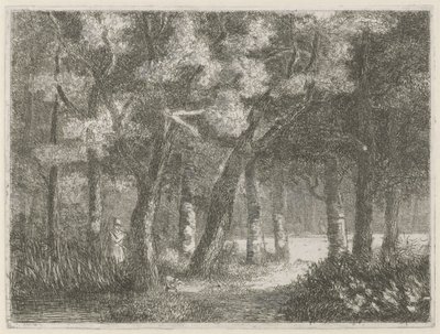 Hunter og hunden hans i skogen av Hermanus Jan Hendrik van Rijkelijkhuysen