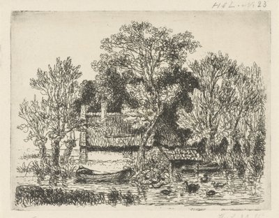 Utsikt over elven med en lekter og ender av Hermanus Jan Hendrik van Rijkelijkhuysen
