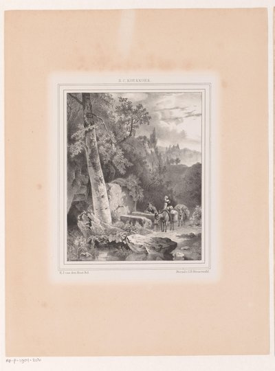 Landskap med en mann, kvinne og to esler ved en brønn av Hermanus Johannes van den Hout