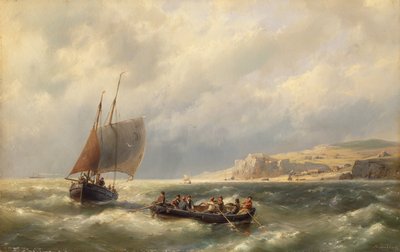 Sjølandskap med figurer i båter (olje på lerret) av Hermanus Koekkoek