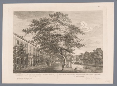 Utsikt over Mennonite barnehjemmet i Amsterdam Utsikt over Mennonite barnehjemmet, til Amsterdam / Vue de la Maison des Orphelins des Mennonites, à Amsterdam (tittel på objekt) av Hermanus Petrus Schouten (possibly)