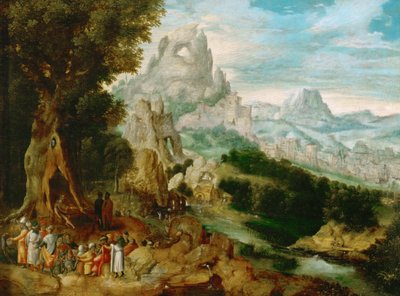 Paysage avec Saint Jean Baptiste prechant - Landskap med Johannes døperens forkynnelse, av Herri met de Bles (Henri Bles) (1510-1550). Olje på tre, ca 1535-1540. Mål: 29x39 cm. Kunsthistorisk museum, Vienne av Herri met de (c.1510 p.1550) Bles
