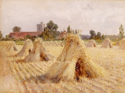 Corn Stooks av Bray Church, 1872 (olje på papir lagt om bord) av Heywood Hardy