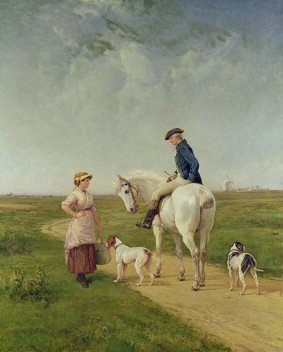 Milkmaid snakker med en Cavalier av Heywood Hardy