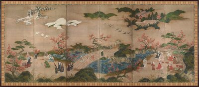 Les spectators des erables (Mapple Viewers) - Skjerm med seks paneler - Verk av Kano Hideyori (aktiv 1565-1576), akvarell og blekk på papir - Japansk kunst av Hideyori Kano