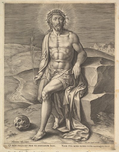 Kristus sitter på den kalde steinen, før ca. 1586. av Hieronymous Wierix