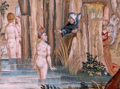 flamsk billedvev. Serie fire billedvev etter Hieronymus Bosch. Sankt Antonius i bønn (San Antonio en oración). Andre billedvev i serien. Modell Inspirert av arbeidet til Hieronymus Bosch. Produksjon Ukjent verksted, Brussel. Før 1560. Stoff Go av Hieronymus (after) Bosch