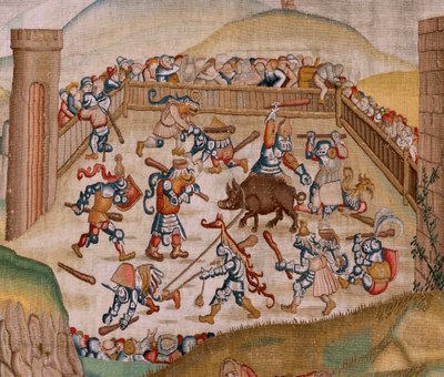 flamsk billedvev. Serie fire billedvev etter Hieronymus Bosch. Saint Martin (San Martín). Første billedvev i serien. Modell Inspirert av arbeidet til Hieronymus Bosch. Produksjon Ukjent verksted, Brussel. Før 1560. Stoff Gull, sølv, silke og woo av Hieronymus (after) Bosch