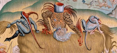 flamsk billedvev. Serie fire billedvev etter Hieronymus Bosch. Menneskelivets trengsler (Tribulaciones de la vida humana). Tredje billedvev i serien. Modell Inspirert av arbeidet til Hieronymus Bosch. Produksjon Ukjent verksted, Brussel. Før 1560 av Hieronymus (after) Bosch