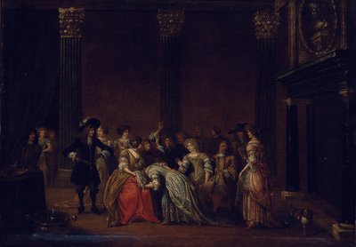 Et elegant selskap i et interiør med en ekteskapstvist (olje på lerret) av Hieronymus (follower of) Janssens
