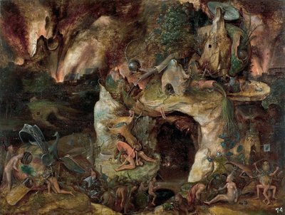 ""Landscape of the Underworld"" (Inferno Landscape) Maleri fra skolen til Jerome Bosch rundt 1561 Dim 49x64 cm Museo del Prado, Madrid av Hieronymus (school of) Bosch