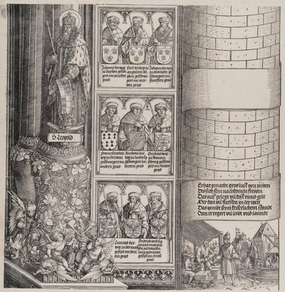 Maximilian som arkitekt, med en statue av St. Leopold, og byster av Maximilians Ance..., 15171518. av Hieronymus Andreae