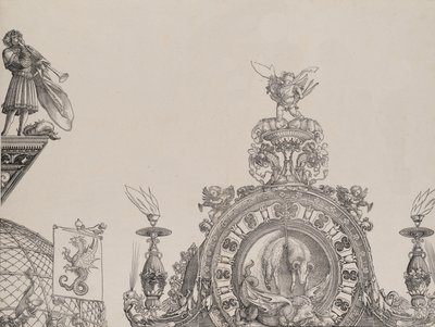 The Pinnacle of the Right Portal, og en trompetist og standard fra sentralportalen, fr..., 1515. av Hieronymus Andreae