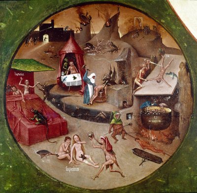 Helvete. Detalj av The Seven Deadly Sins and the Four Last Things (olje på panel av Hieronymus Bosch