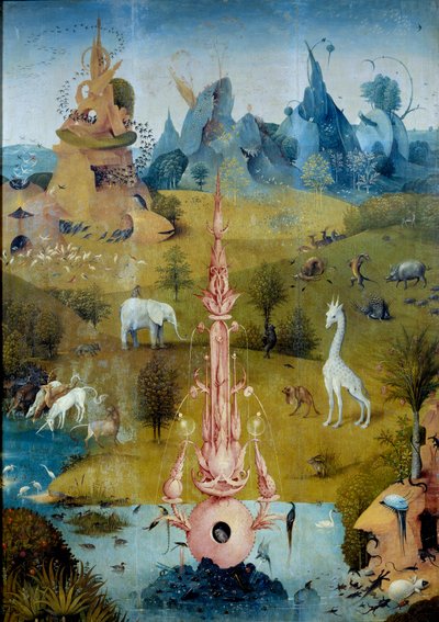 Paradise La Fontaine. Detalj av venstre del av triptyken til "Delicens hage"" av Hieronymus Van Aken (Aken) dit Jerome Bosch (1450-1516) av Hieronymus Bosch