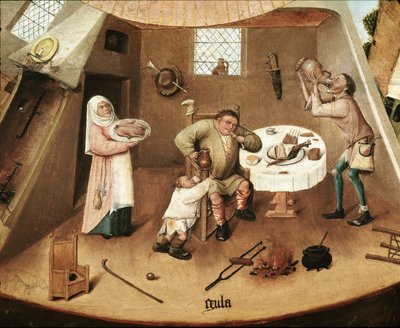 Syv dødssynd: grådig. Detalj (olje på panel av Hieronymus Bosch