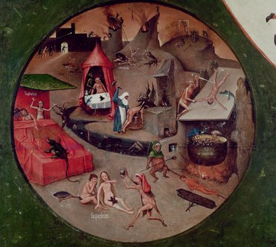 Tabletop of the Seven Deadly Sins and the Four Last Things, detalj av helvete, ca. 1480 (olje på panel) av Hieronymus Bosch