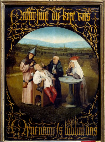 Utvinningen av Stone of Folie. Maleri av Hieronymus Van Aeken (Aken) dit Jerome Bosch (1450-1516) av Hieronymus Bosch