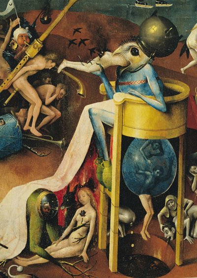 The Garden of Earthly Delights: Helvete, høyre vinge av triptyk, detalj av blå fuglemann på en krakk, ca. 1500 (detalj av 3425) av Hieronymus Bosch