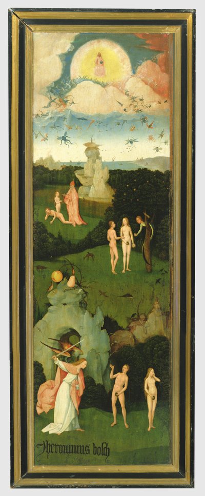 The Haywain: venstre fløy av triptyken som viser Edens hage, ca. 1500 (panel) av Hieronymus Bosch