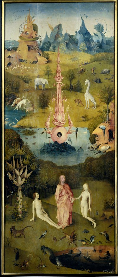 Paradiset, skapelsen av Adam og Eva (venstre panel av The Garden of Earthly Delights) av Hieronymus Bosch