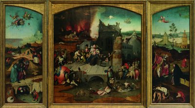 Fristelsen til St Anthony. Høyoppløselig reproduksjon fra Google Art Project. Øverste venstre hjørne måtte prøves på nytt av Hieronymus Bosch