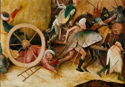 Høytanken eller høytriptyken (høyvogn): Sentralpaneldetalj. Monsterfigurer, antropomorfe karakterer og en mann krasjer under et hjul. Maleri av Hieronymus Van Aeken (Aken) dit Jerome Bosch (1450-1516) av Hieronymus Bosch