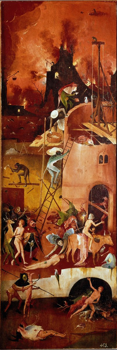 Høytryptikeren: helveteskonstruksjoner. Høyre innvendig panel. Maleri på tre av Hieronymus Van Aeken (Aken) dit Jerome Bosch (1450-1516) 1500-1502 Dim. 140x232 cm Ekte Monasterio de El Escorial, El Escorial, Spania av Hieronymus Bosch