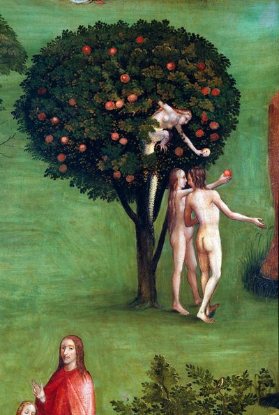 Tryptic of the Last Judgement, venstre panel. Adam og Eva i paradis, detalj (maleri på tre, ca. 1504) av Hieronymus Bosch