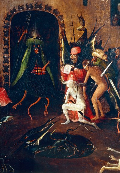 Tryptic of the Last Judgement, høyre panel. Helvete med halvt menneske, halvt dyr monstre. Detalj (maleri på tre, ca. 1504) av Hieronymus Bosch