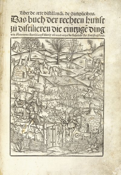 Tittelside, illustrerer urtedestillerier med figurer i et landskap av Hieronymus Brunschwig