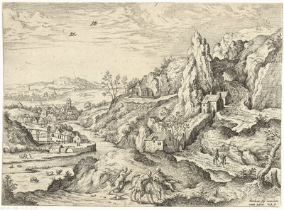 Abraham og Isak på vei til offerstedet Landskap med bibelske og mytologiske scener (serietittel) av Hieronymus Cock