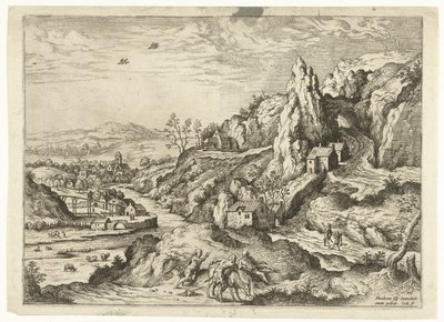 Abraham og Isak på vei til offerstedet Landskap med bibelske og mytologiske scener (serietittel) av Hieronymus Cock