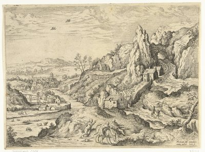 Abraham og Isak på vei til offerstedet Landskap med bibelske og mytologiske scener (serietittel) av Hieronymus Cock