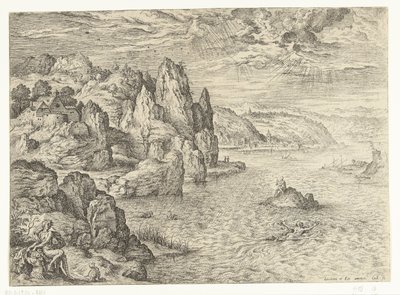 Kystlandskap med Hero og Leander Hero og Leander Landskap med bibelske og mytologiske scener (serietittel) av Hieronymus Cock