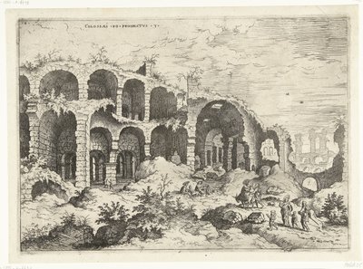 Tredje utsikt over Colosseum i Roma Kolosser til prospekt vs (tittel på objekt) Romerske ruiner (serietittel) av Hieronymus Cock