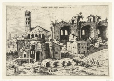 Utsikt over Romulus-tempelet og Basilica of Constantine Rvinarvm Templi Pacis (...) (tittel på objekt) Romerske ruiner (serietittel) av Hieronymus Cock
