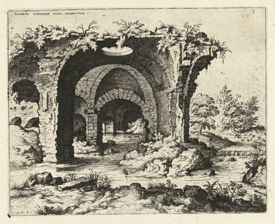 Utsikt over en ruin i Roma Incerte cvvs dam irvine prospekt (tittel på objekt) Romerske ruiner (serietittel) av Hieronymus Cock