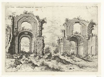 Andre visning av badene til Diocletian Ex Rvinis Thermarvm Antonini Pii (...) (tittel på objekt) Romerske ruiner (serietittel) av Hieronymus Cock