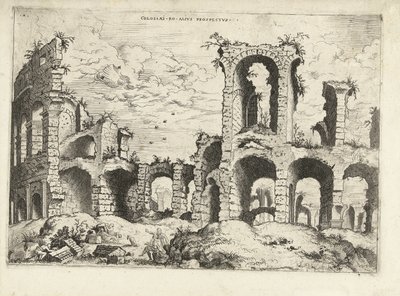 Andre utsikt over Colosseum i Roma Collossæi ro alivs prospectvs (tittel på objekt) Romerske ruiner (serietittel) av Hieronymus Cock