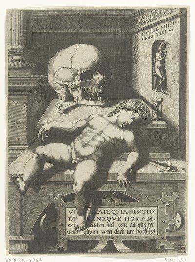 Vanitas-forestilling med barn og hodeskalle (Hodi mihi kras tibi / Today I, tomorrow du) av Hieronymus Cock