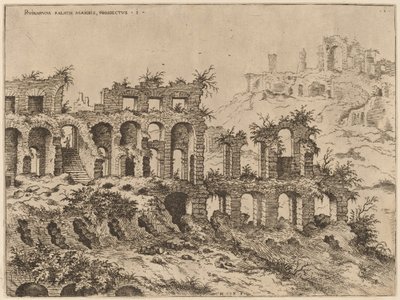 Utsikt over Colosseum med Palatinen i bakgrunnen av Hieronymus Cock