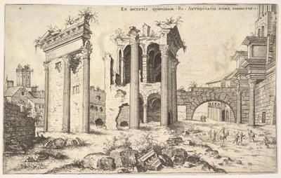 Utsikt over uidentifiserte ruiner med skåret fasade til venstre, arkader i midten og bue ved r..., 1551. av Hieronymus Cock