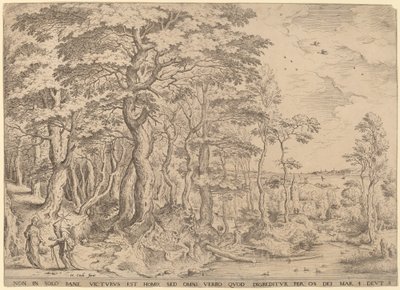 Landskap med Kristi fristelse av Hieronymus Cock after Pieter Bruegel the Elder