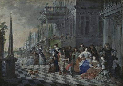 Karakterer som lager musikk foran et palass, 1672 av Hieronymus Janssens